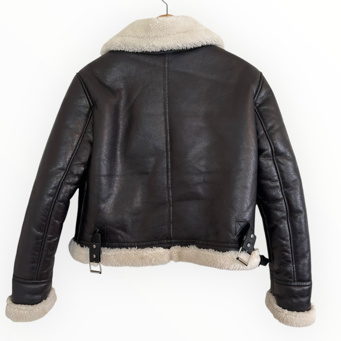 Faux Fur Shearling Lined Vegan Leather Aviator Jacket