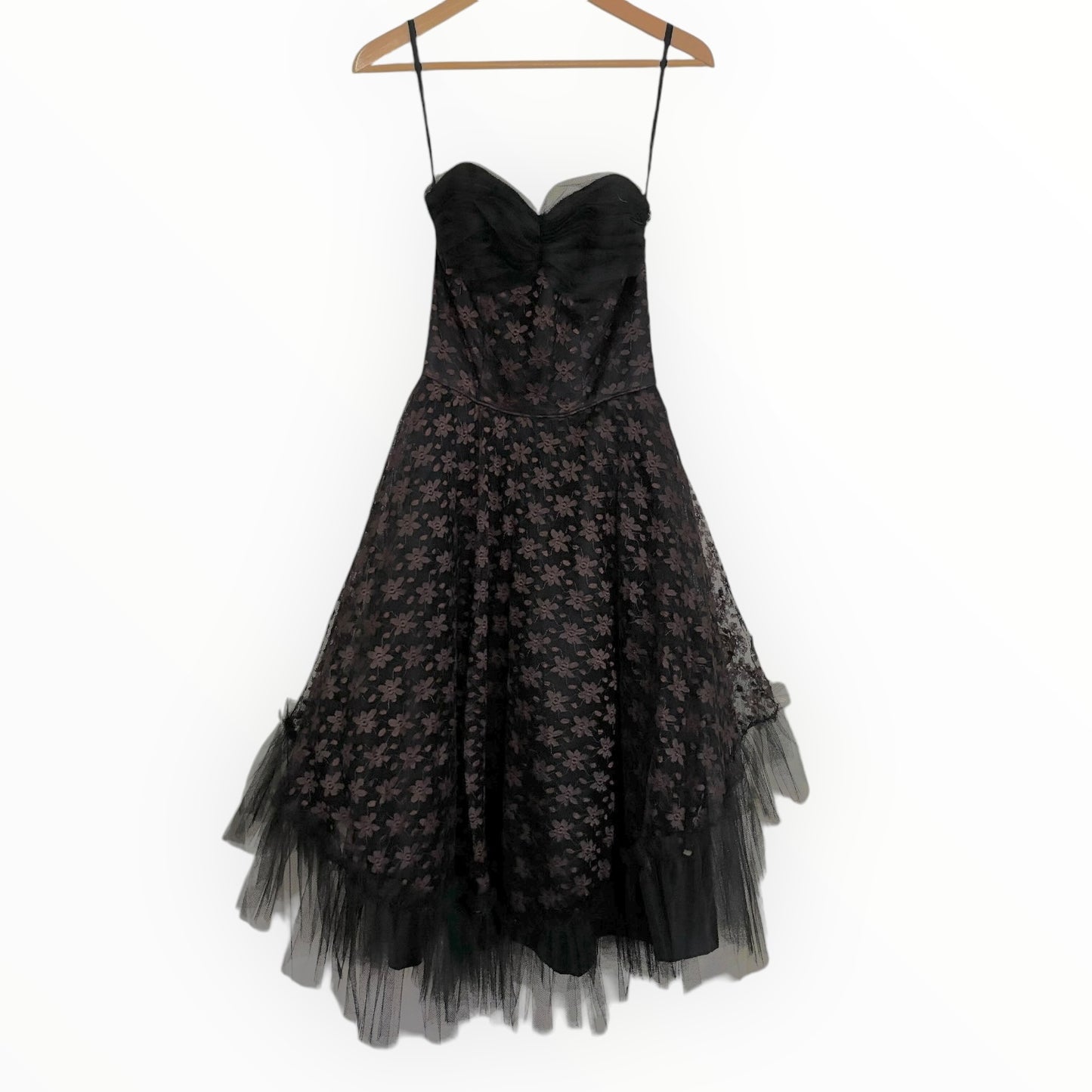 Vintage Black Tulle Dress with Pink Floral Lace Detail
