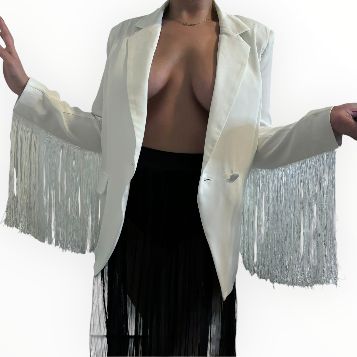 Natural White Fringe Fitted Blazer