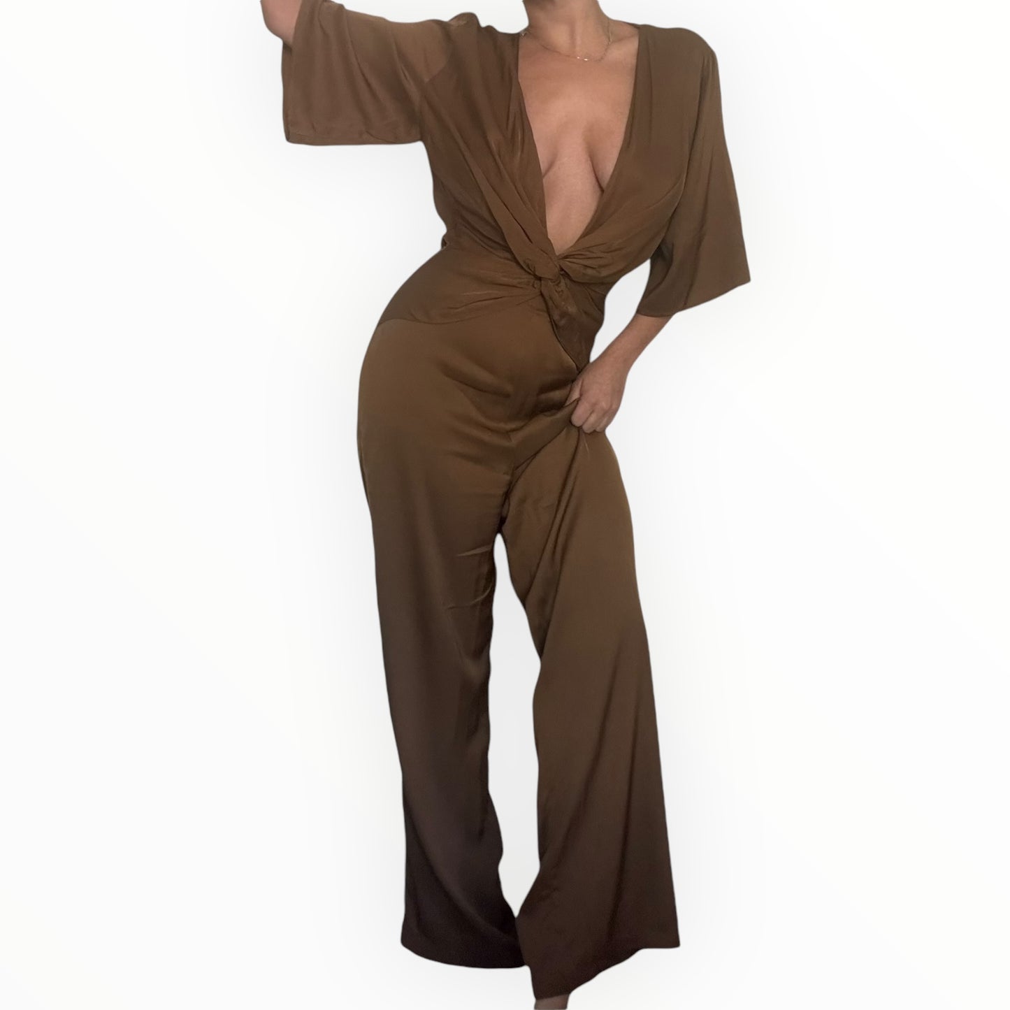 Bronze Satin Low Cut Jumpsuit