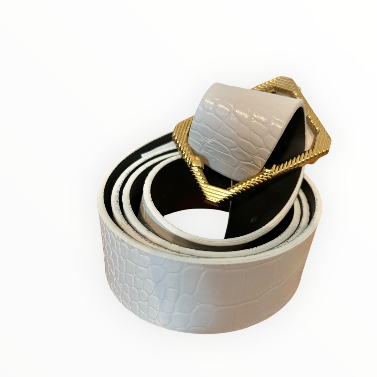 White Faux Snakeskin Belt with Gold Buckle