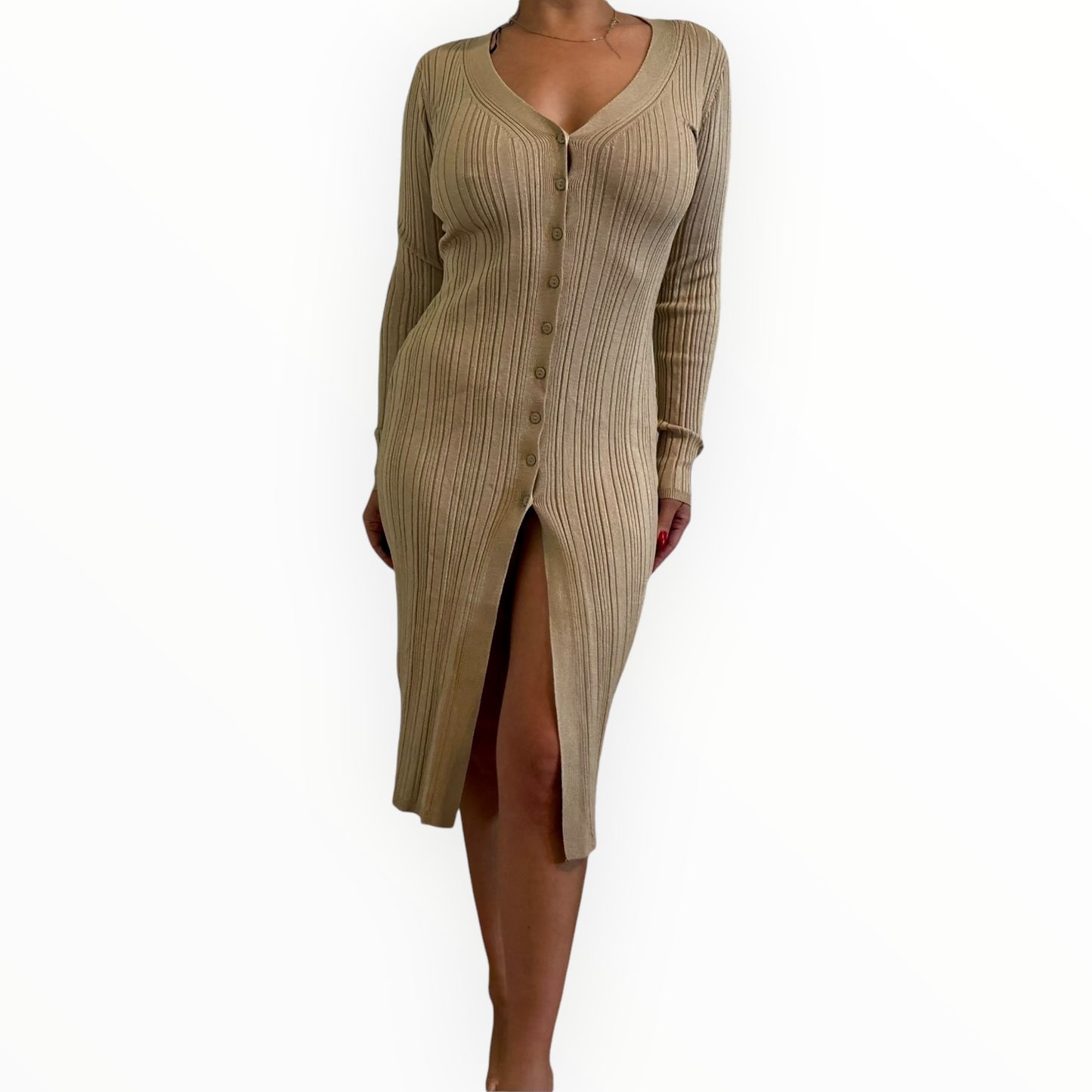 Beige Midi Rib-Knit Sweater Dress