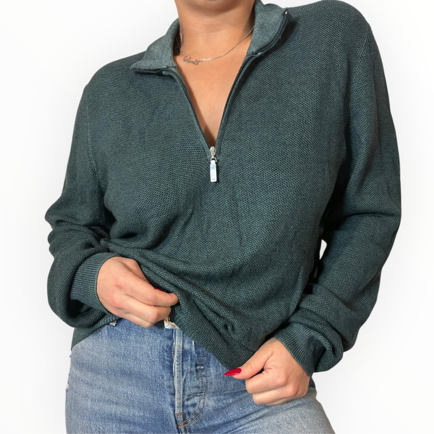 Italian Vintage Hunter Green Half-Zip Wool Sweater