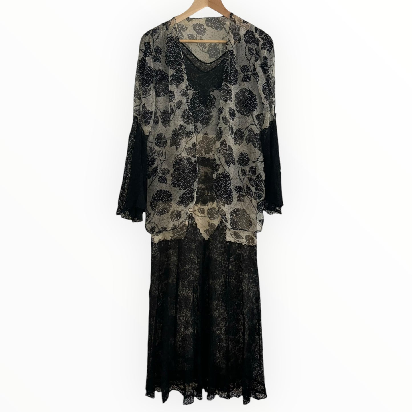Vintage Black and White Silk and Lace Floor Length Dress