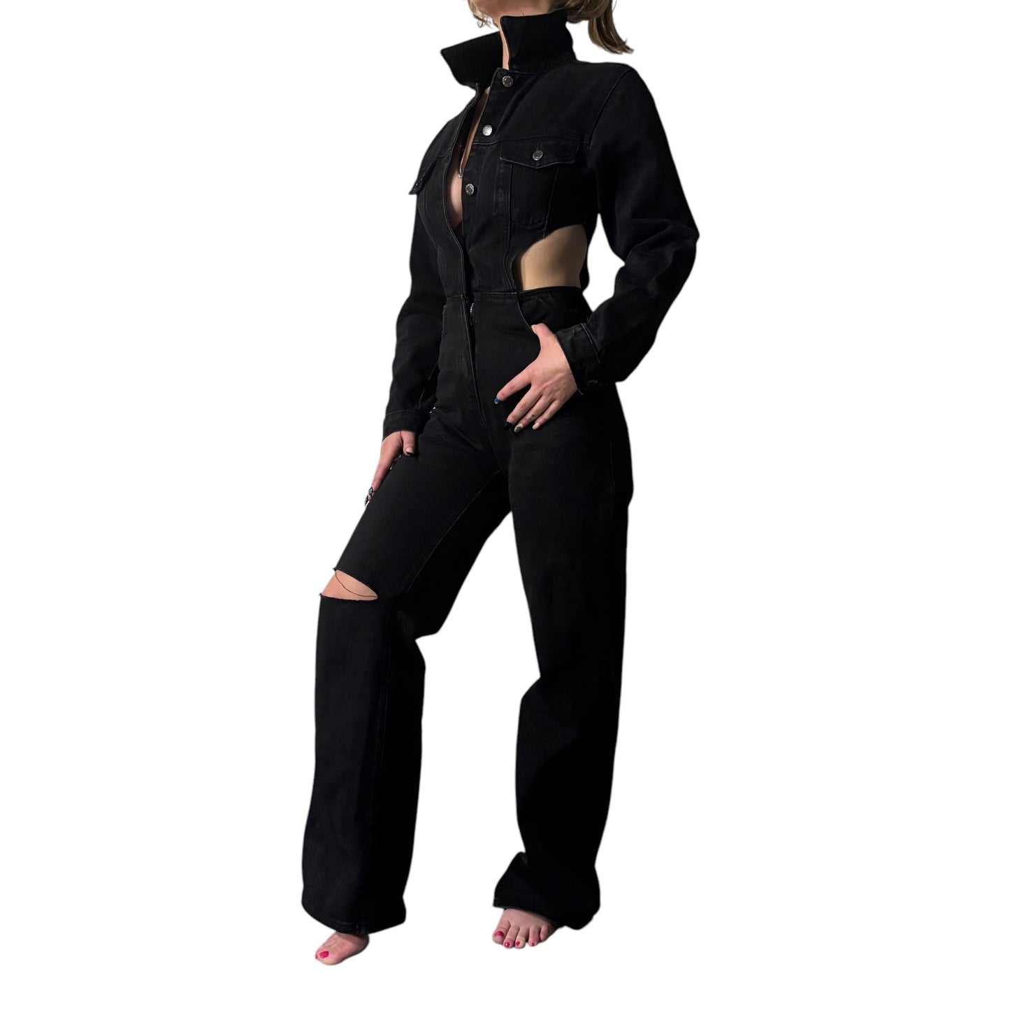Black Denim Cutout Jumpsuit