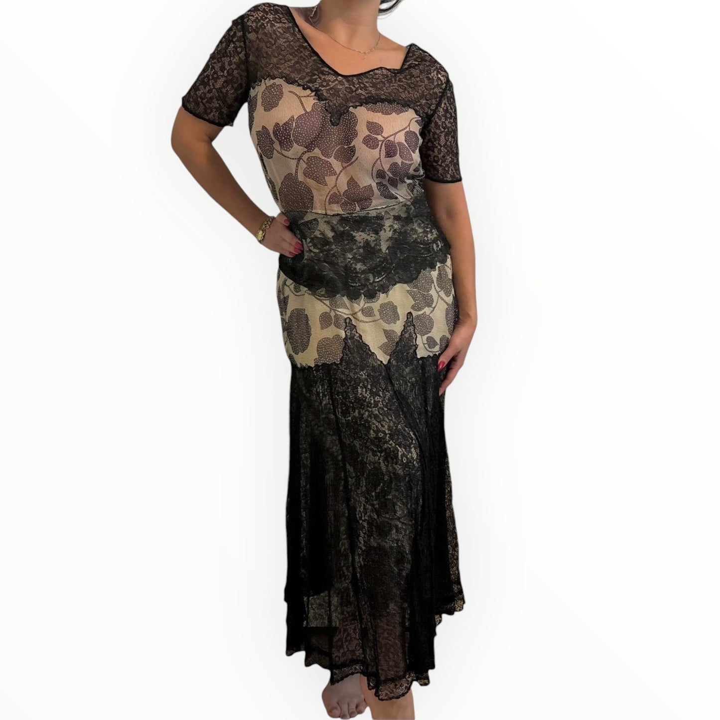 Vintage Black and White Silk and Lace Floor Length Dress