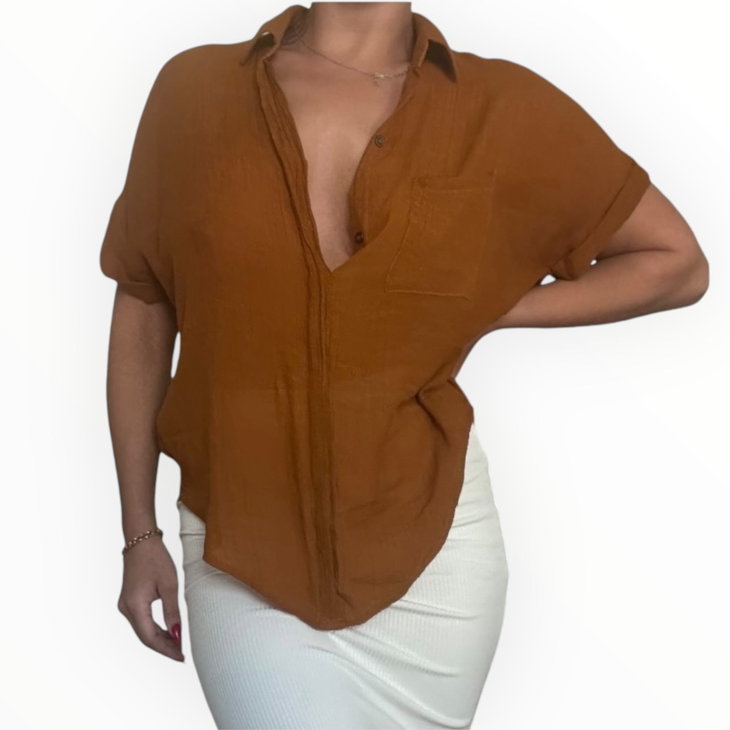 Rust Brown Short Sleeve Crepe Blouse