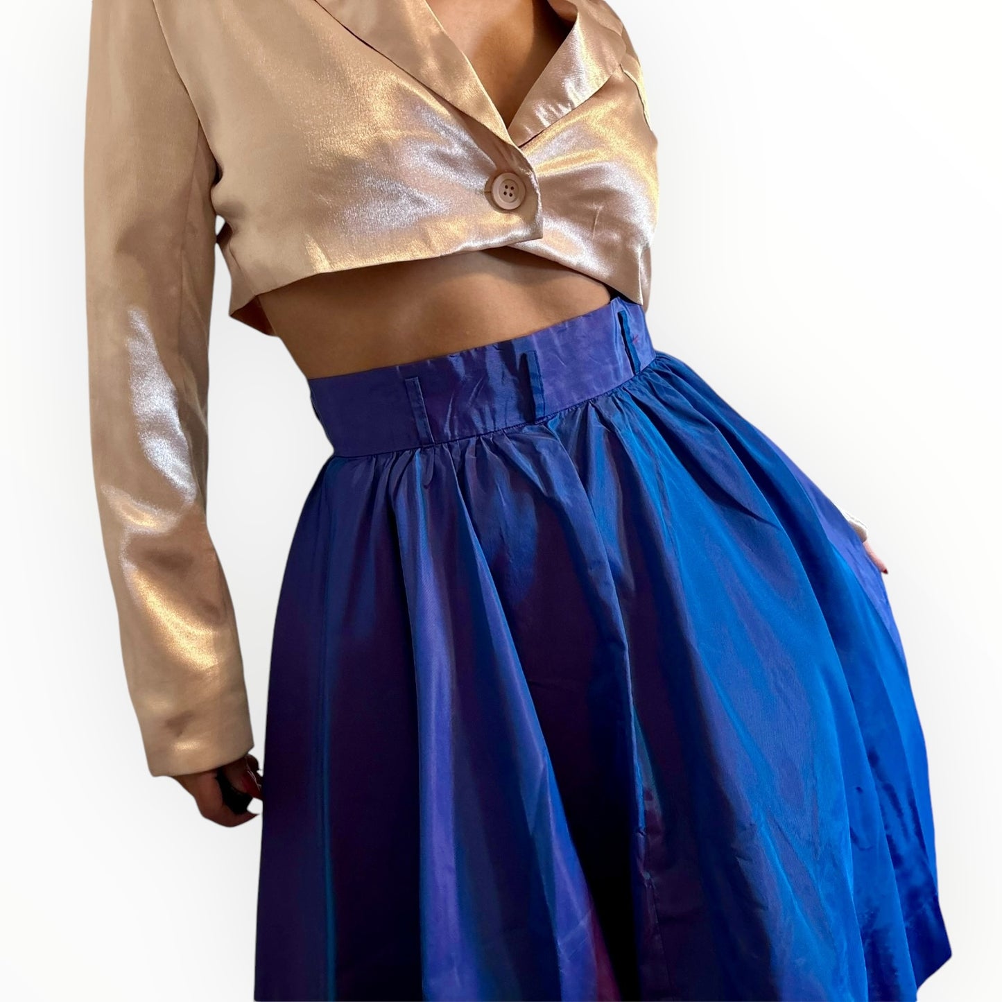 Vintage Handmade Iridescent Royal Blue Taffeta Midi Skirt