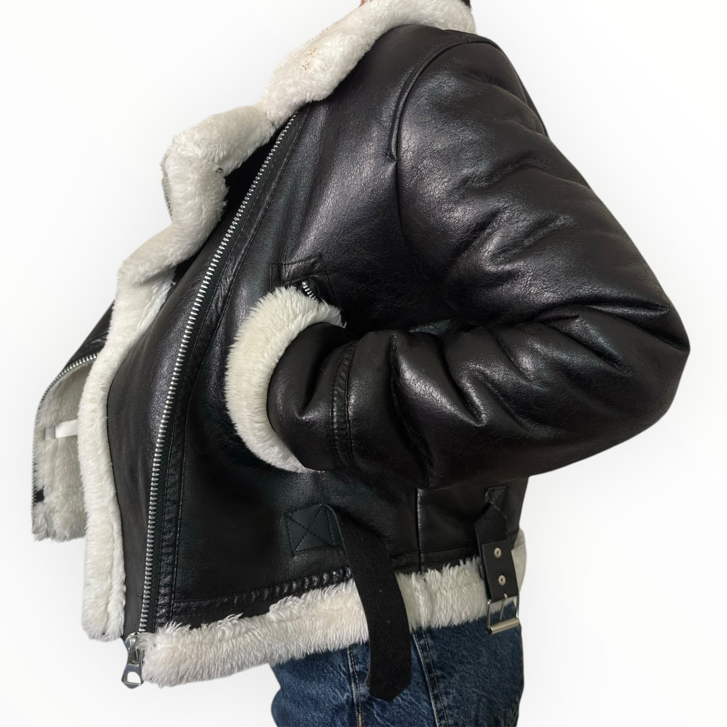 Faux Fur Shearling Lined Vegan Leather Aviator Jacket