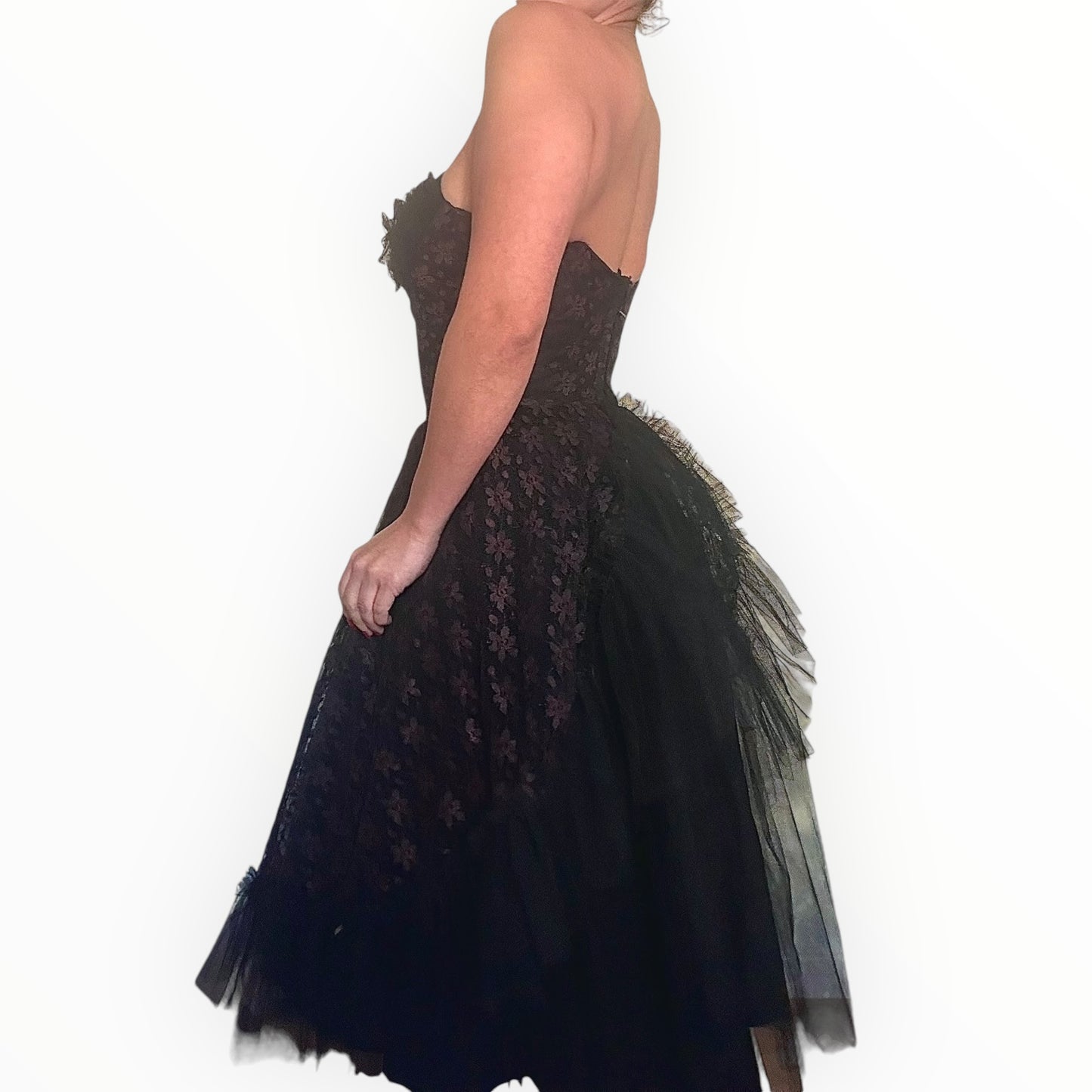 Vintage Black Tulle Dress with Pink Floral Lace Detail