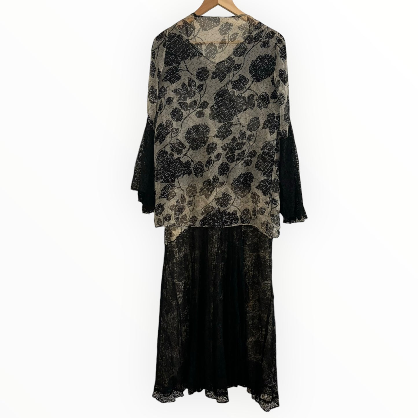 Vintage Black and White Silk and Lace Floor Length Dress