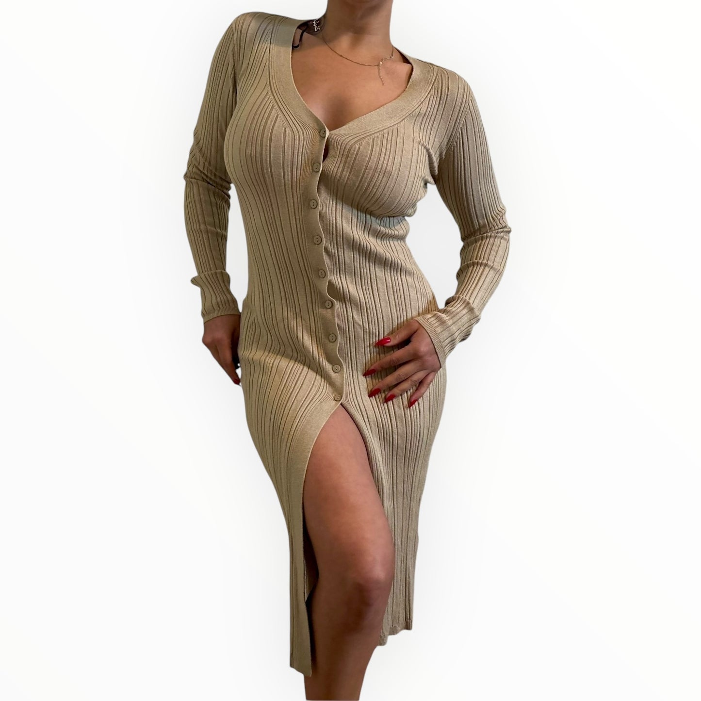 Beige Midi Rib-Knit Sweater Dress
