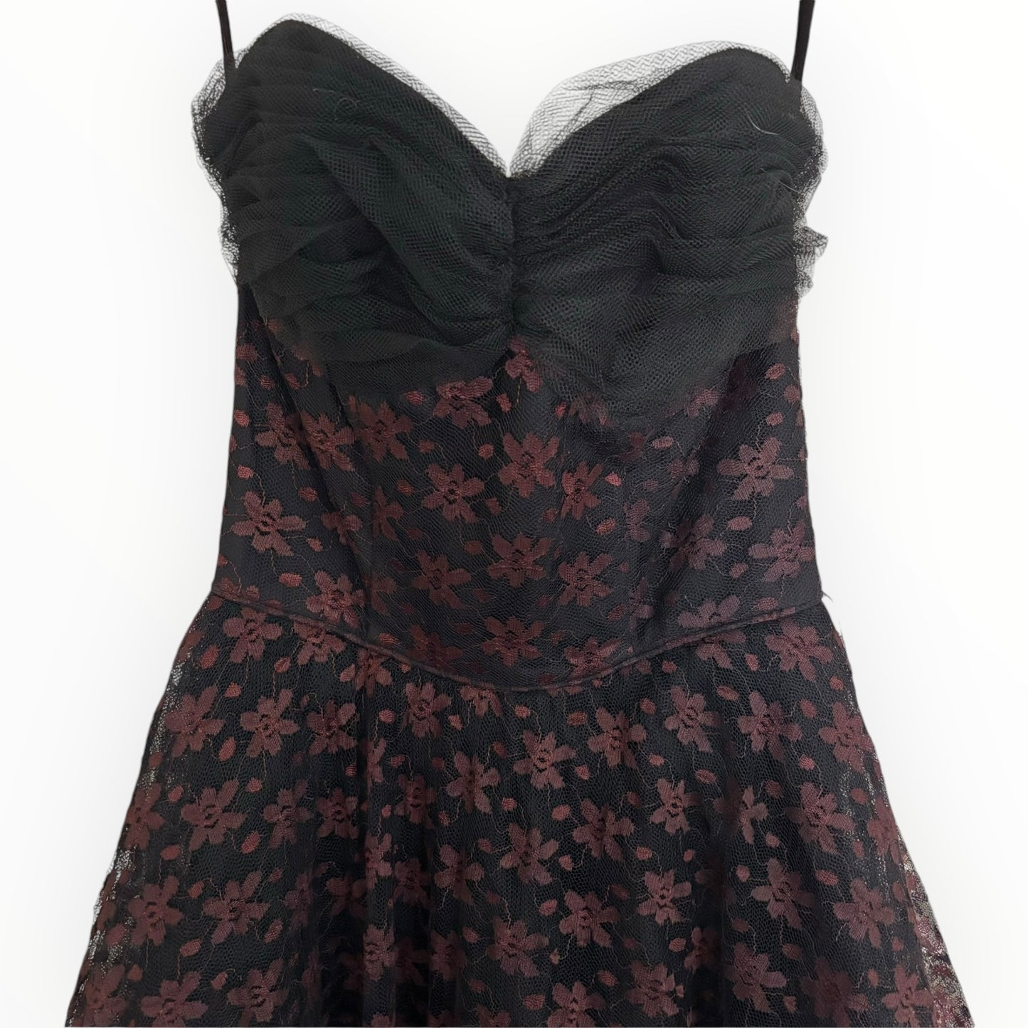 Vintage Black Tulle Dress with Pink Floral Lace Detail