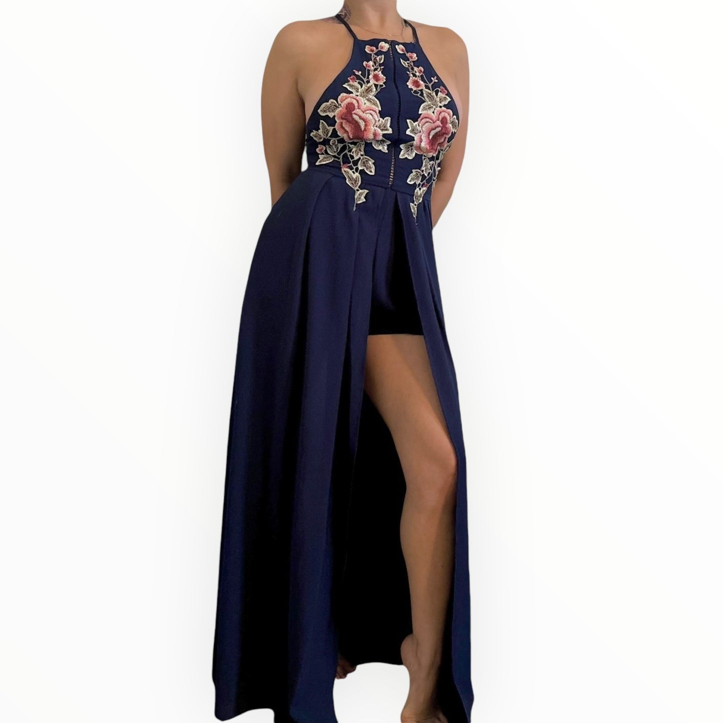 Indigo Floral Detailed Floor Length Halter Dress