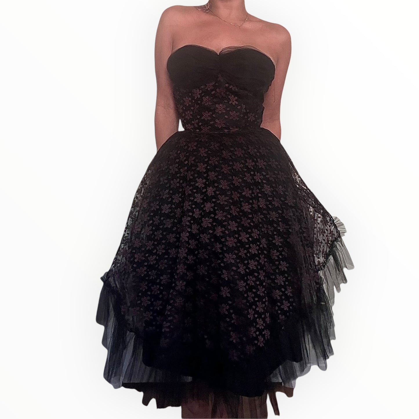 Vintage Black Tulle Dress with Pink Floral Lace Detail