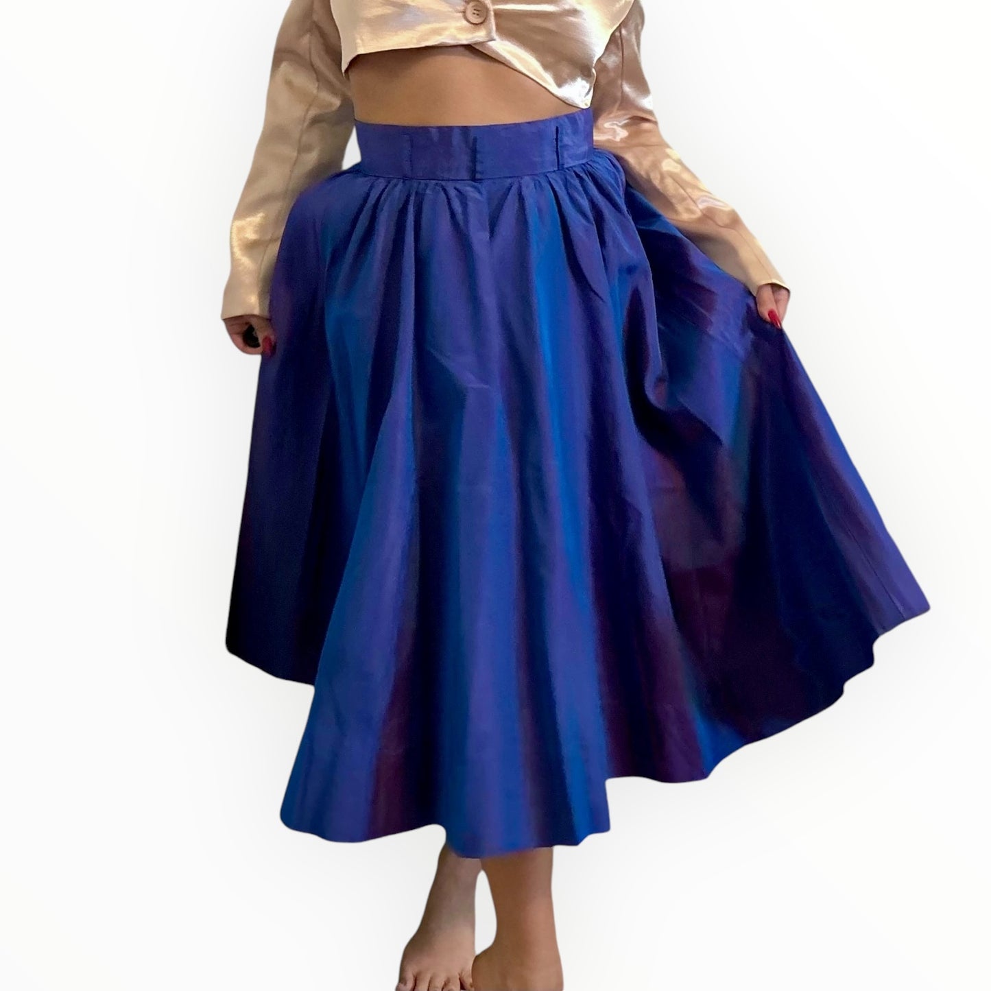 Vintage Handmade Iridescent Royal Blue Taffeta Midi Skirt