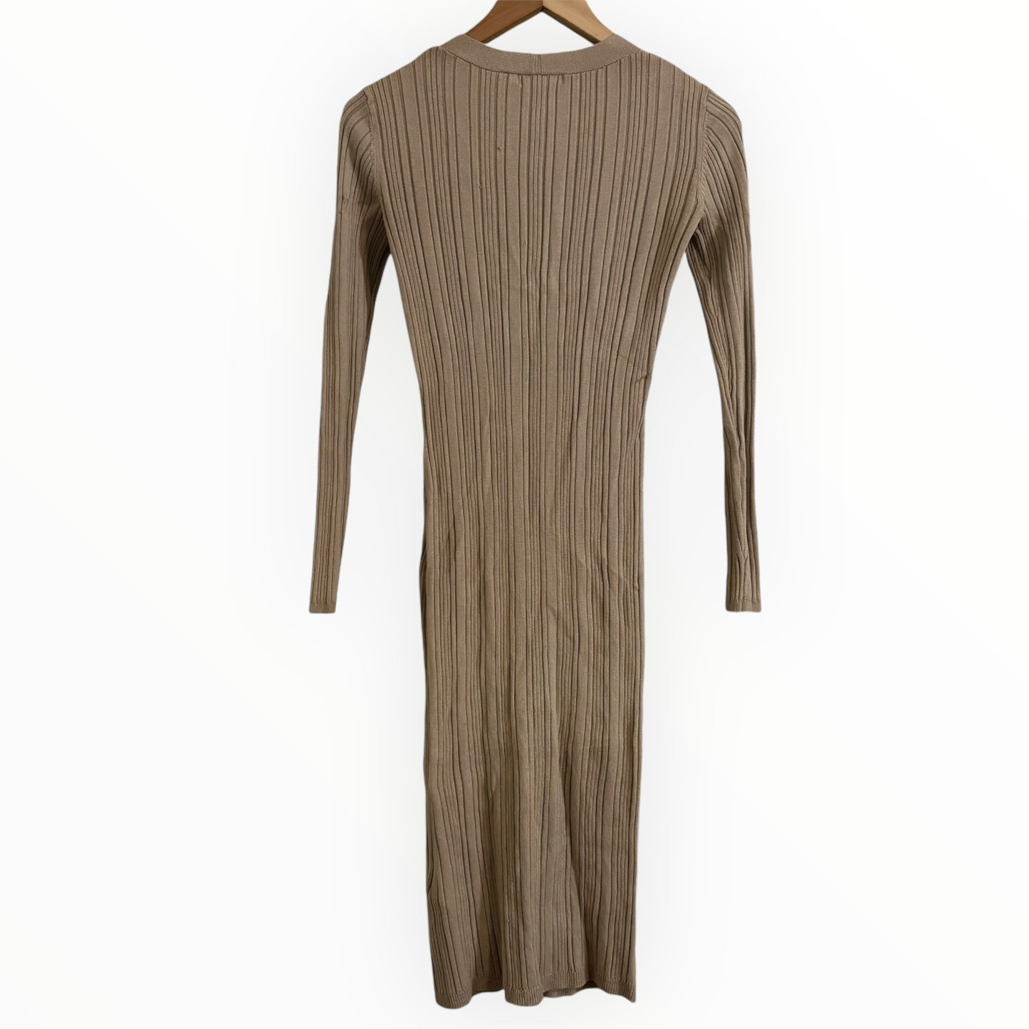 Beige Midi Rib-Knit Sweater Dress