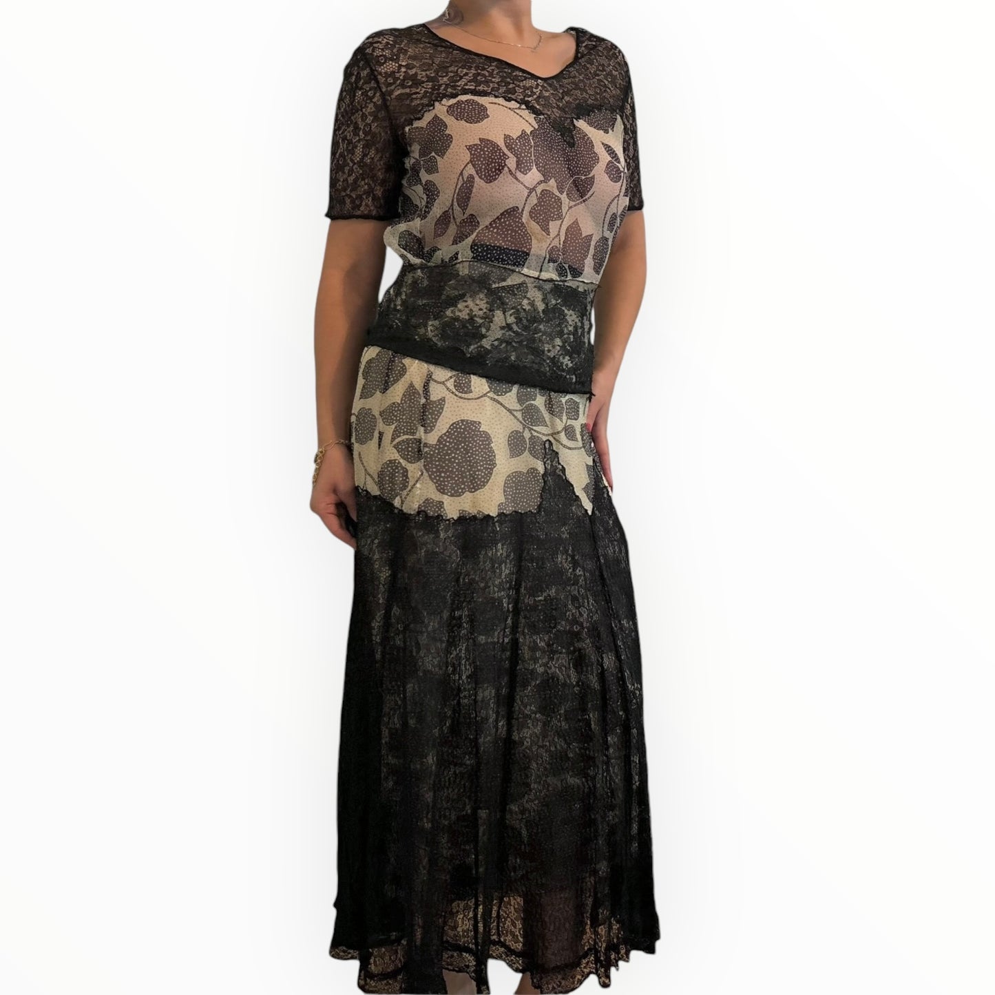 Vintage Black and White Silk and Lace Floor Length Dress