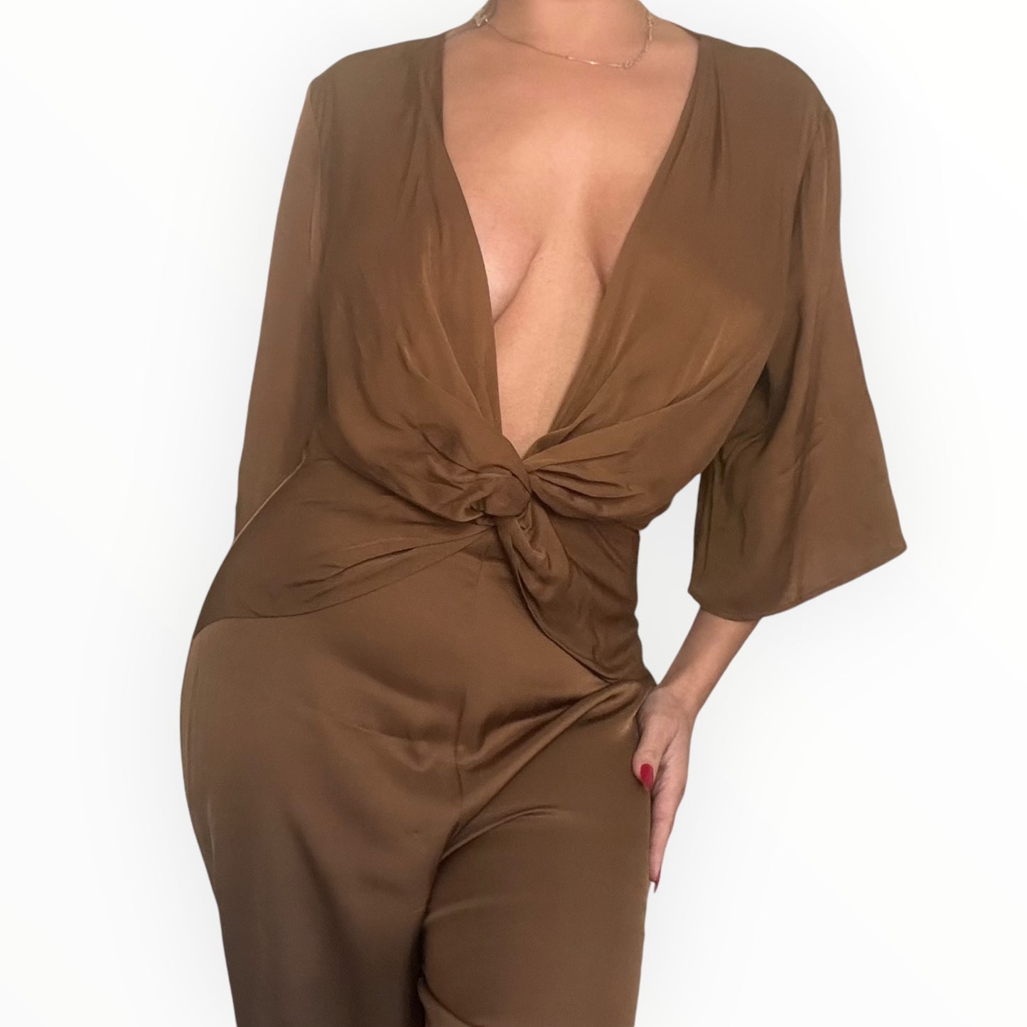 Bronze Satin Low Cut Jumpsuit