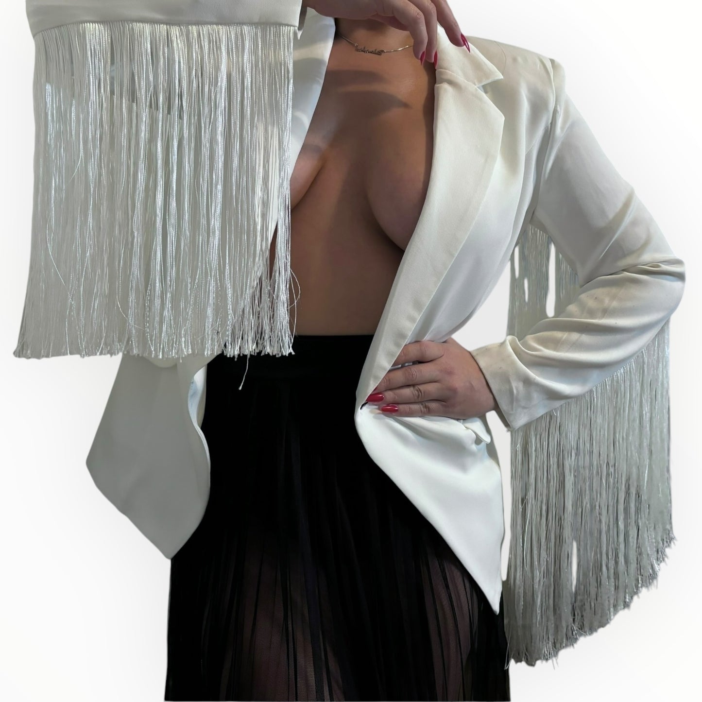 Natural White Fringe Fitted Blazer