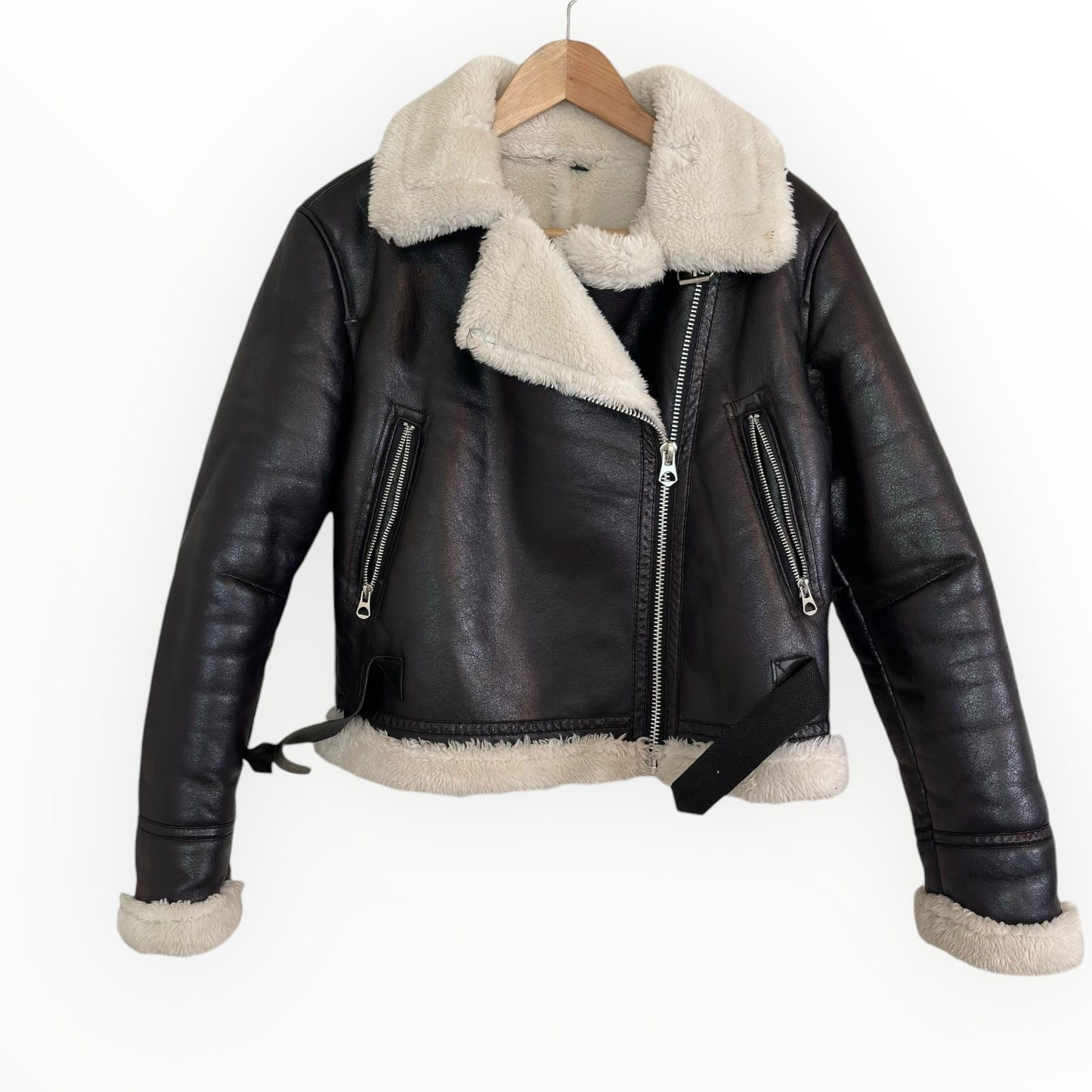 Faux Fur Shearling Lined Vegan Leather Aviator Jacket