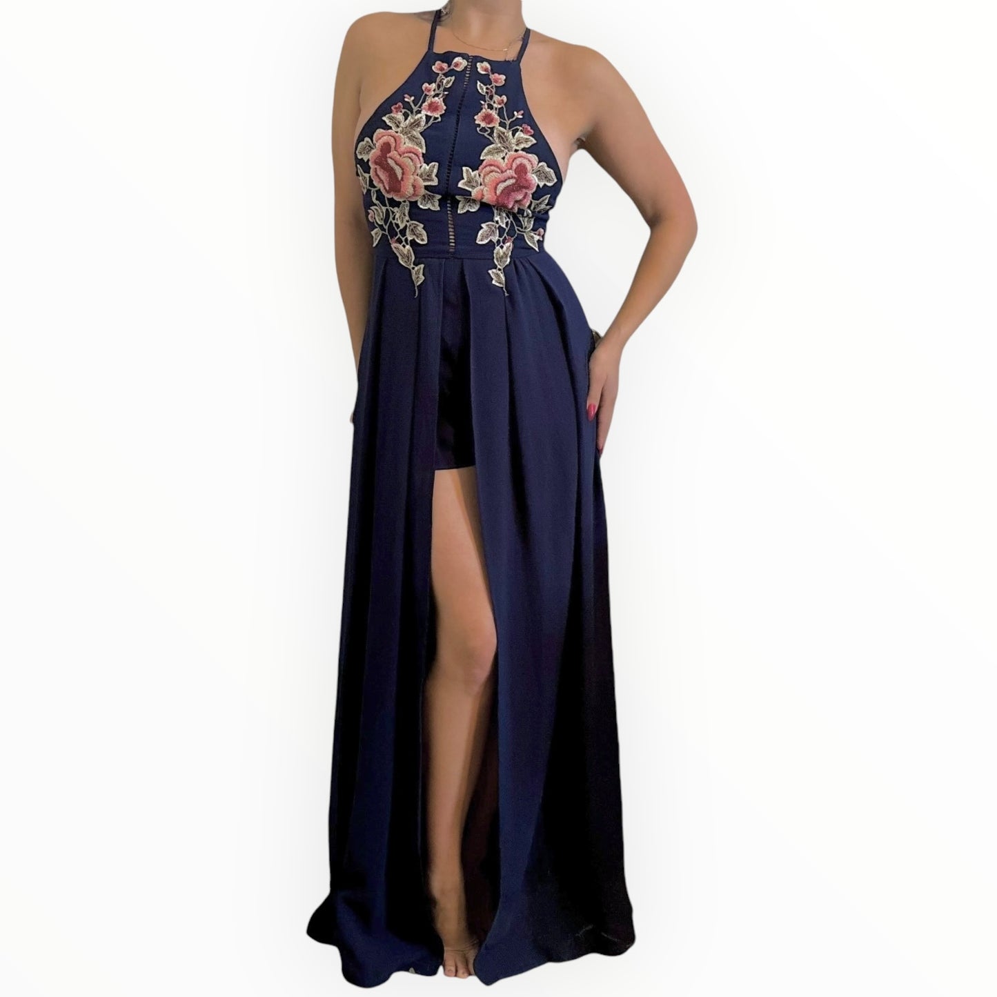 Indigo Floral Detailed Floor Length Halter Dress
