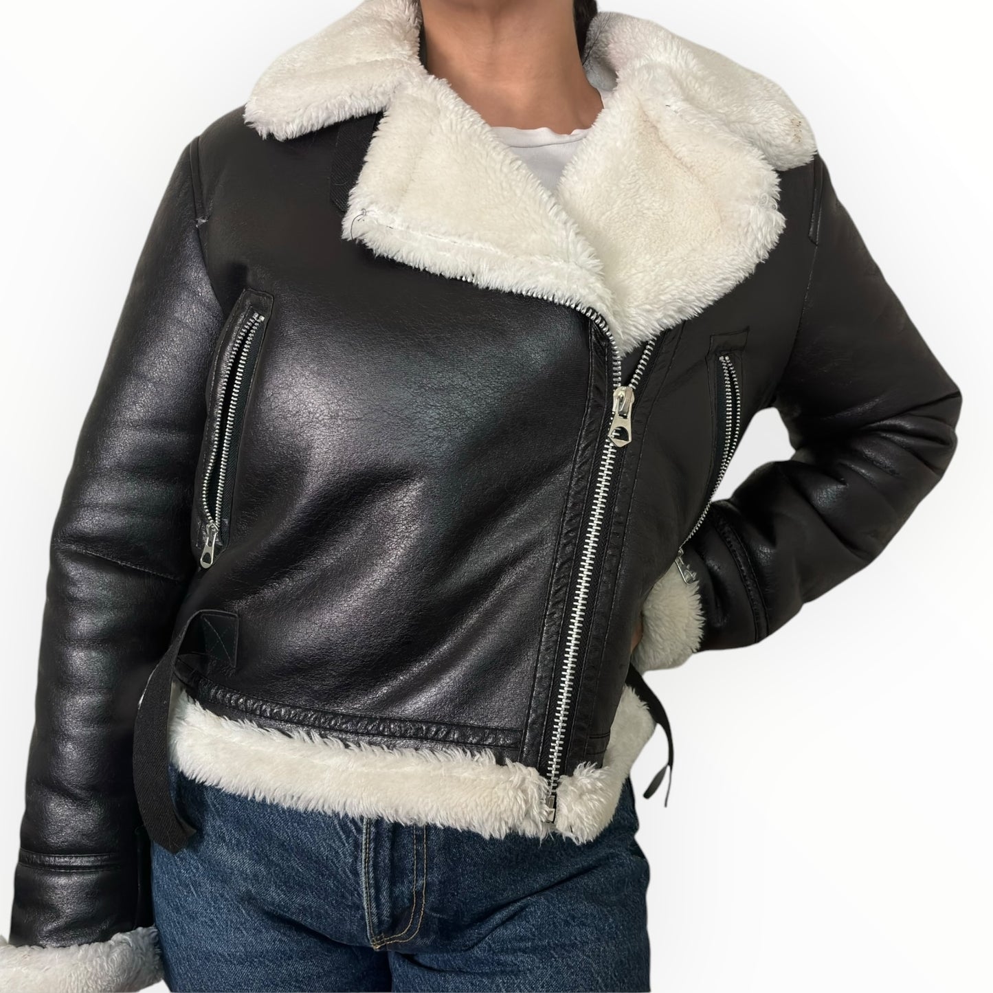 Faux Fur Shearling Lined Vegan Leather Aviator Jacket