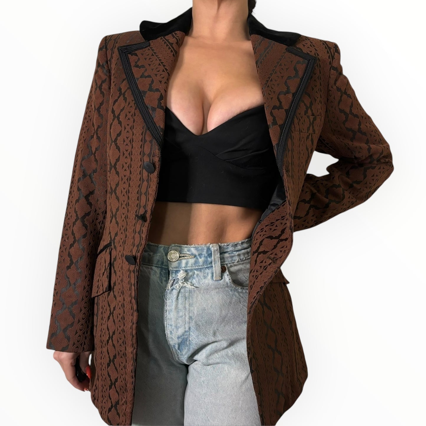 Vintage Brown Embroidered Fitted Blazer
