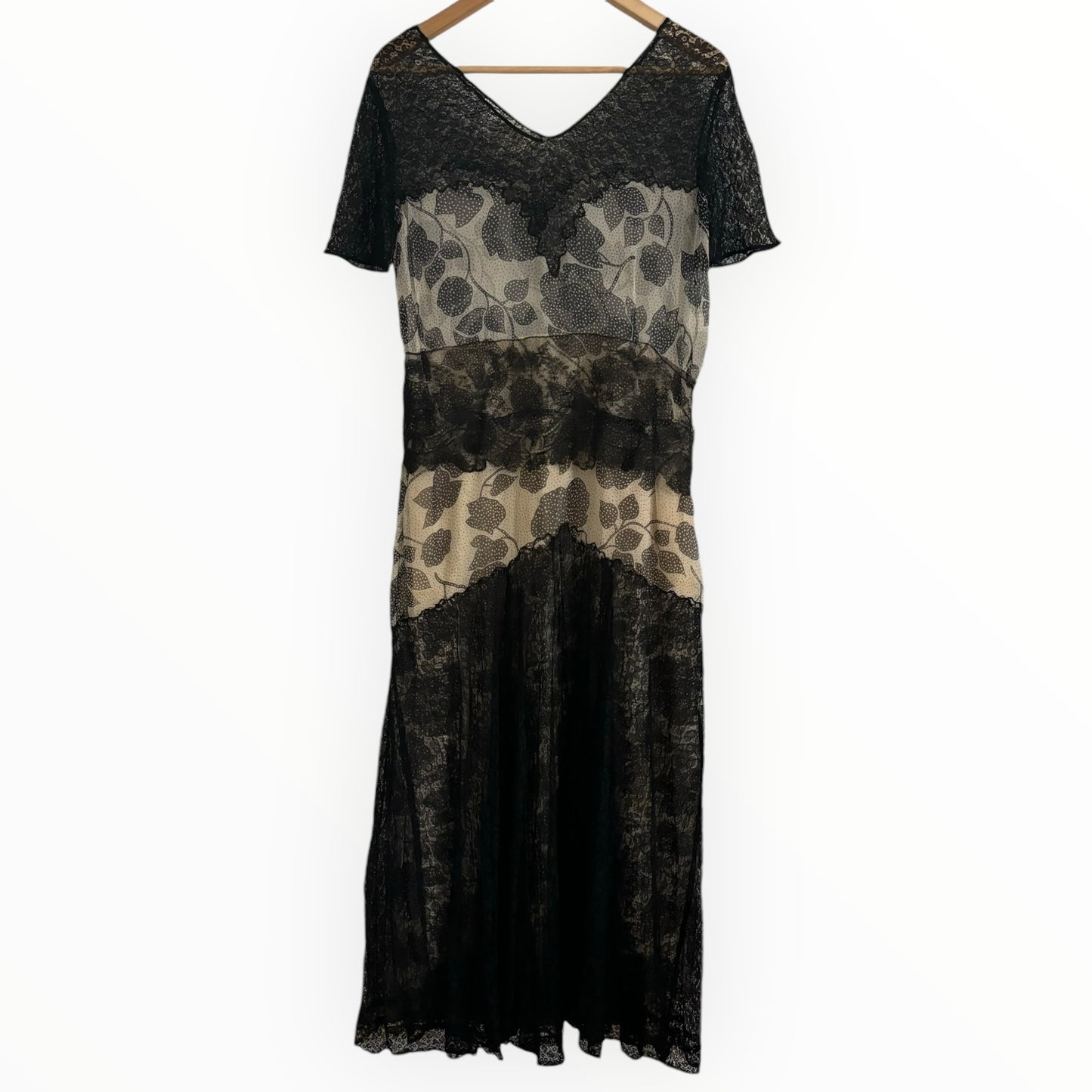 Vintage Black and White Silk and Lace Floor Length Dress