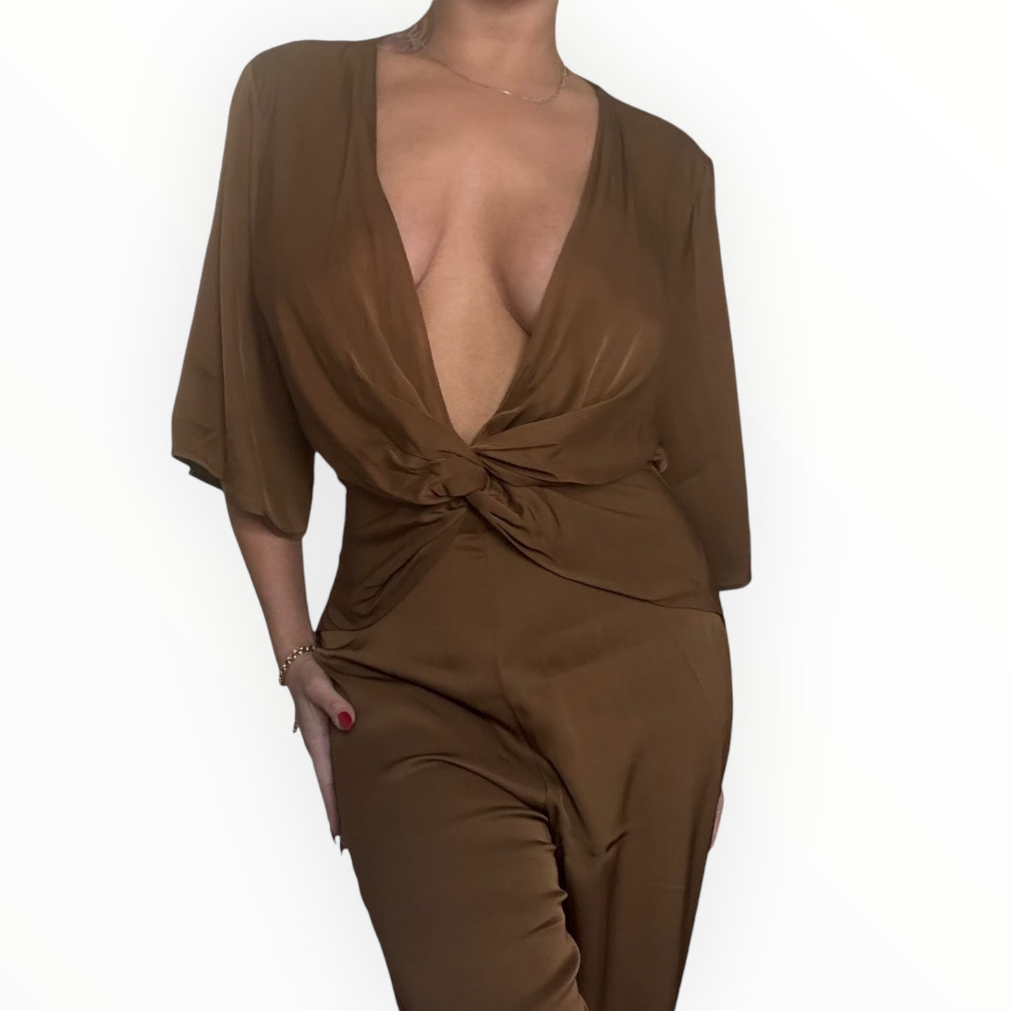 Bronze Satin Low Cut Jumpsuit