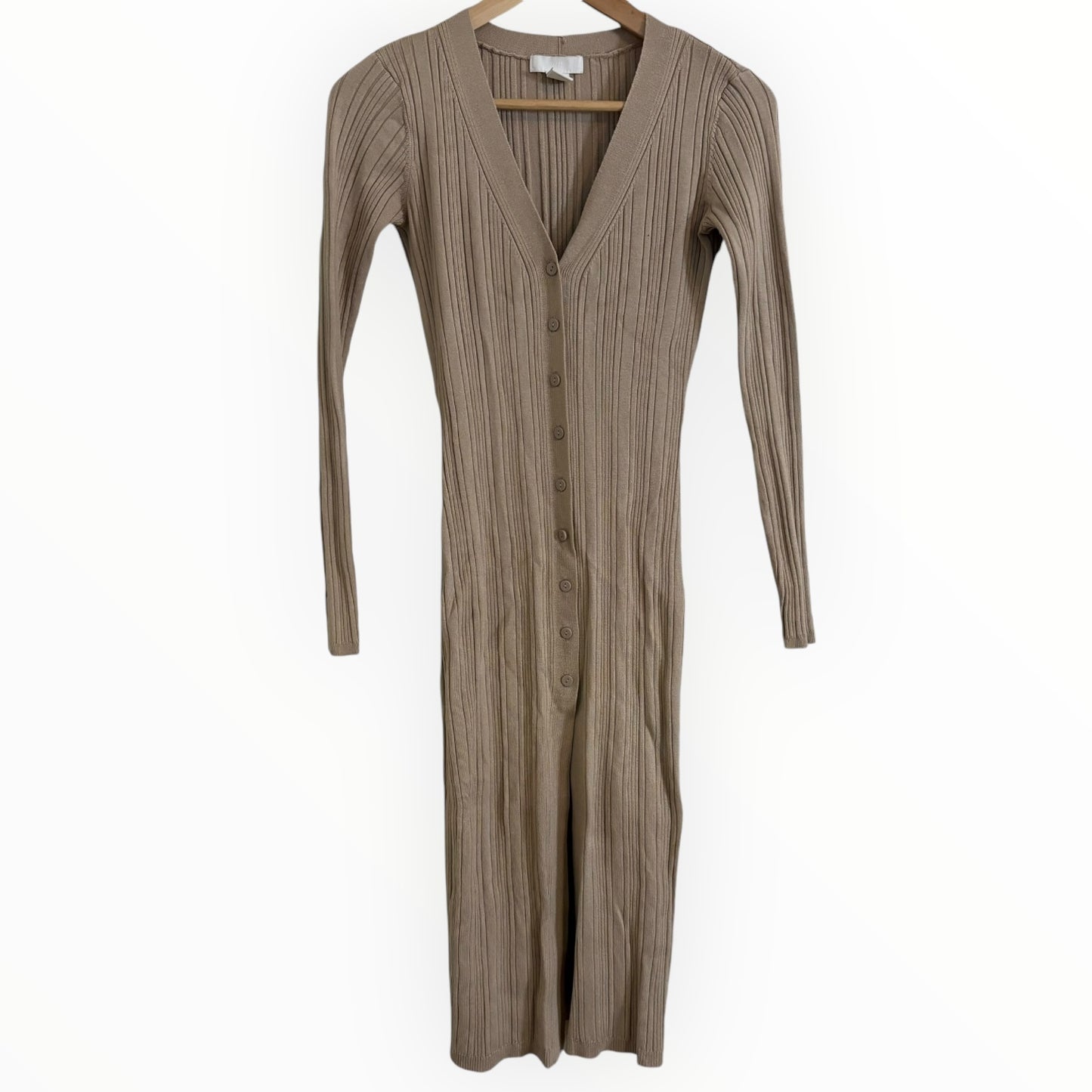 Beige Midi Rib-Knit Sweater Dress