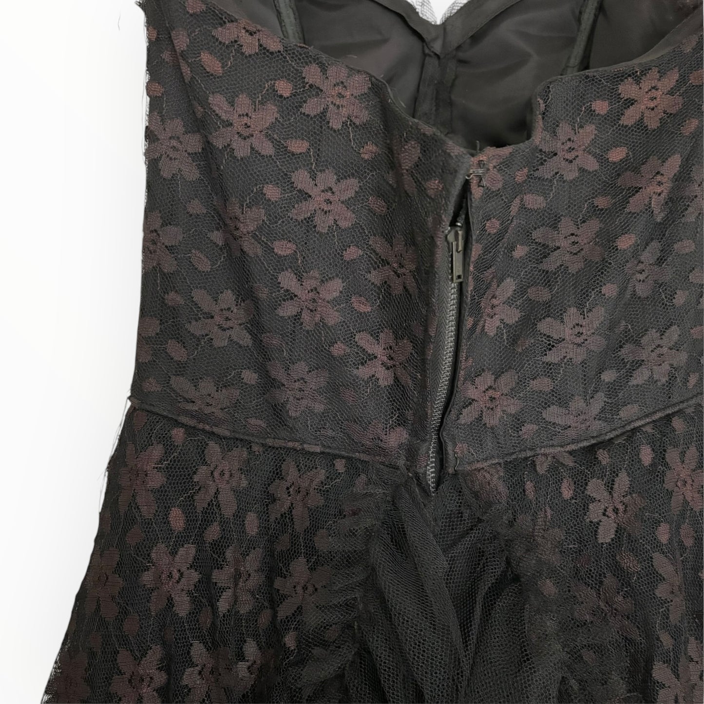 Vintage Black Tulle Dress with Pink Floral Lace Detail