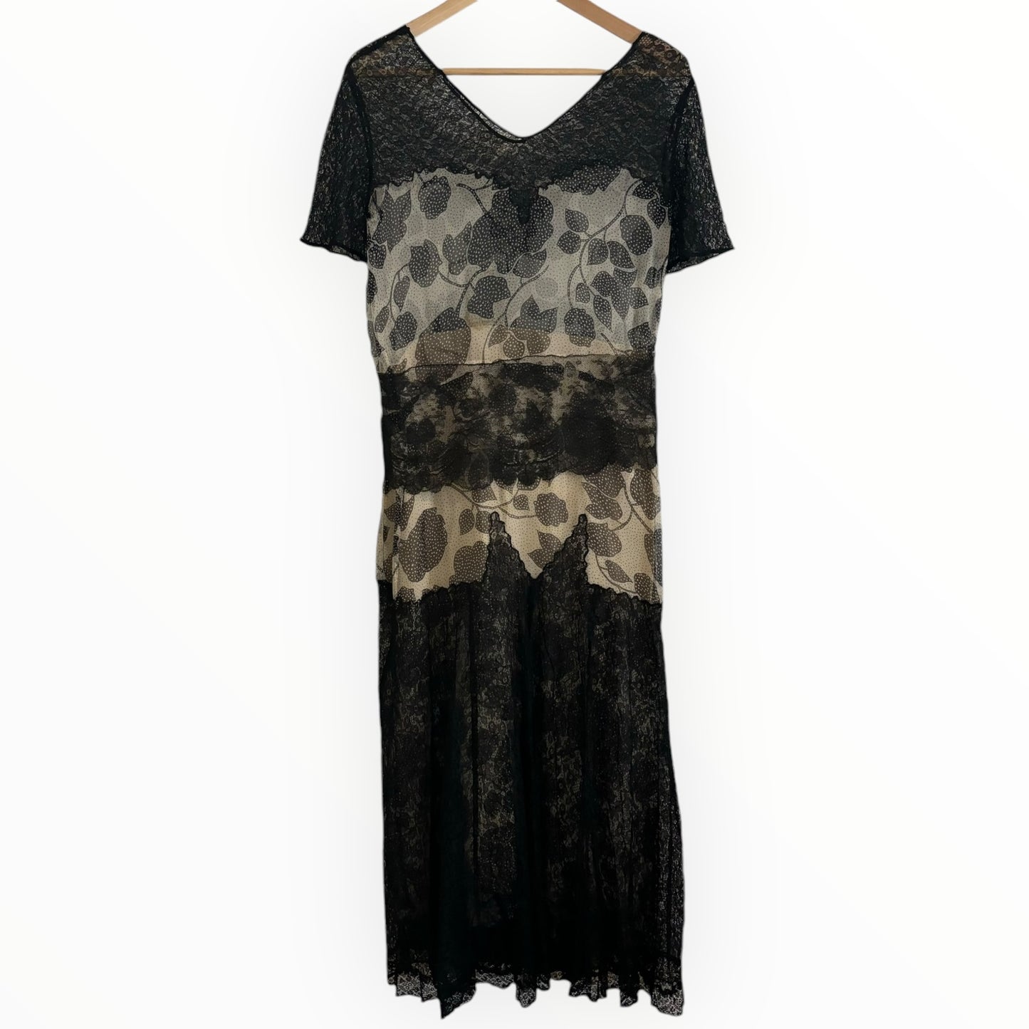Vintage Black and White Silk and Lace Floor Length Dress