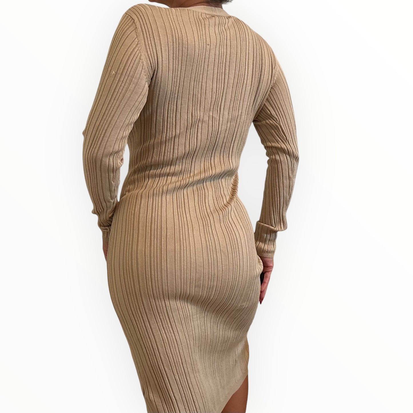 Beige Midi Rib-Knit Sweater Dress