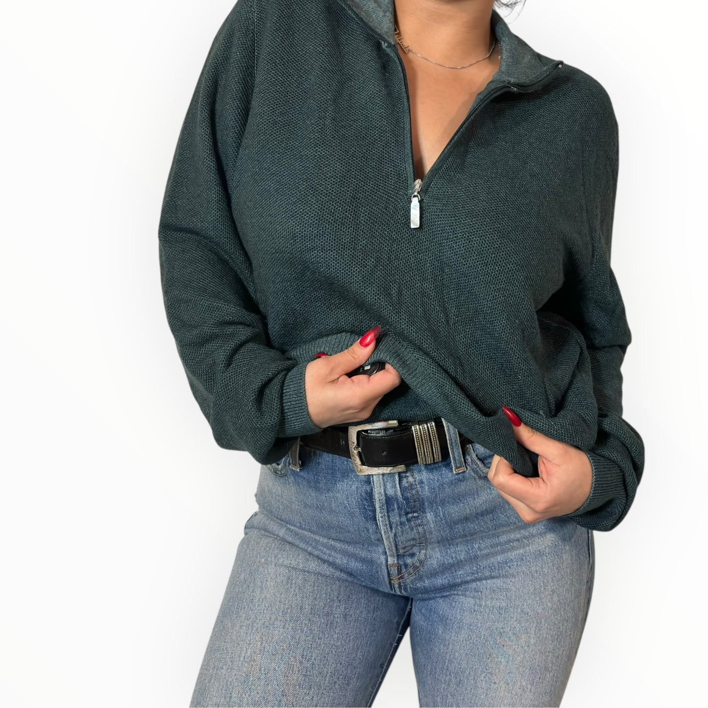Italian Vintage Hunter Green Half-Zip Wool Sweater