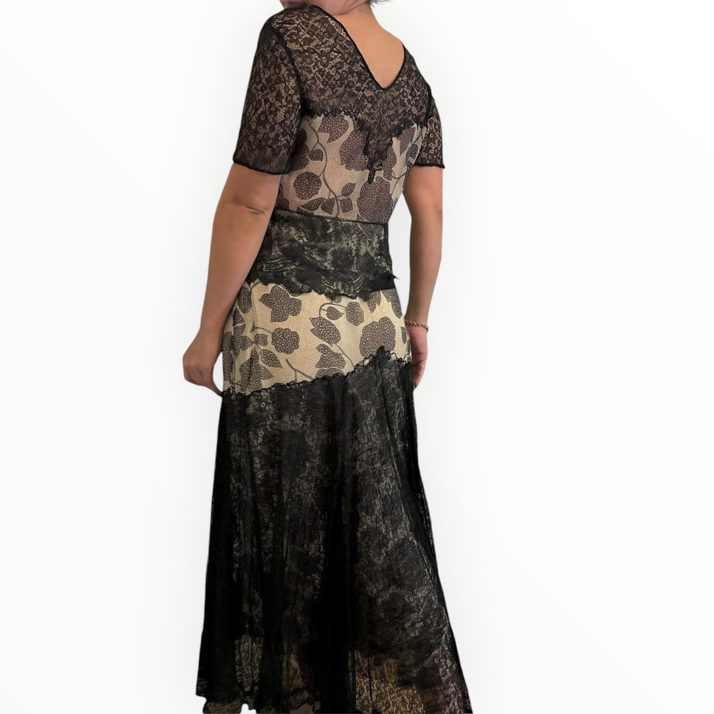 Vintage Black and White Silk and Lace Floor Length Dress
