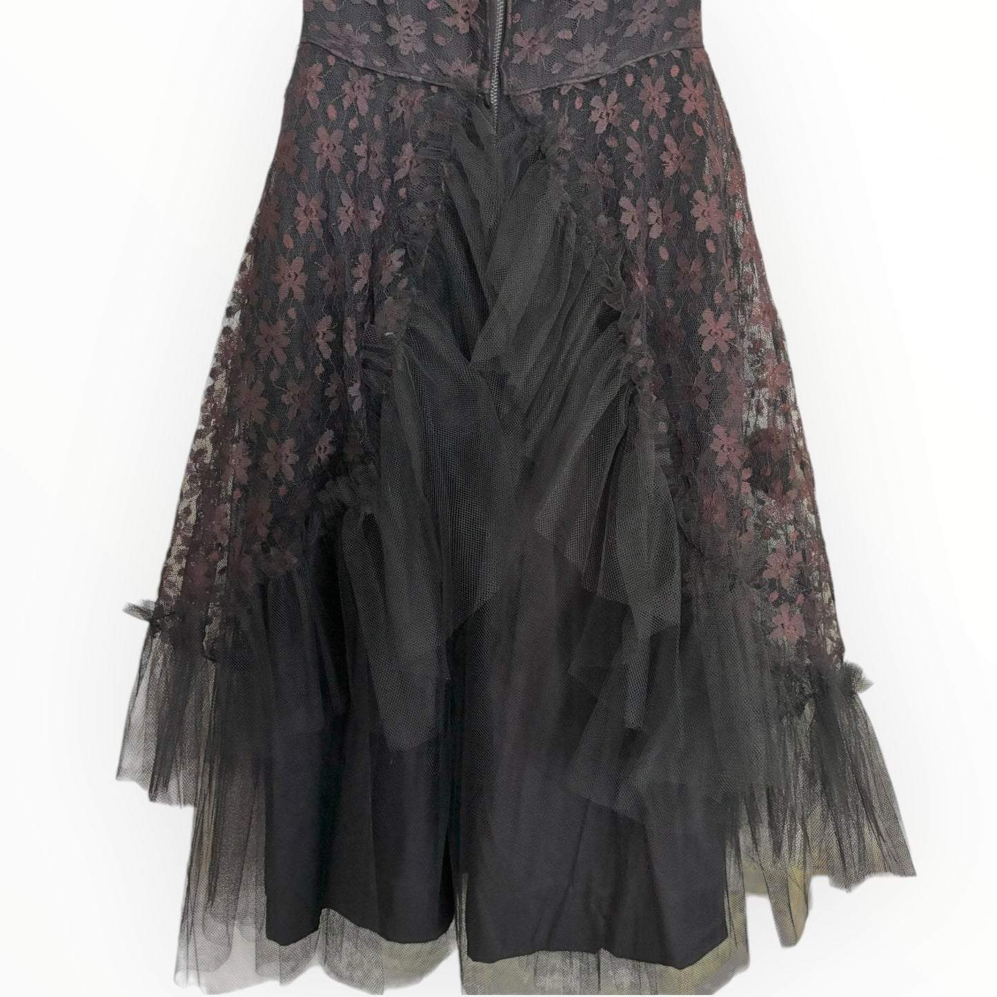 Vintage Black Tulle Dress with Pink Floral Lace Detail