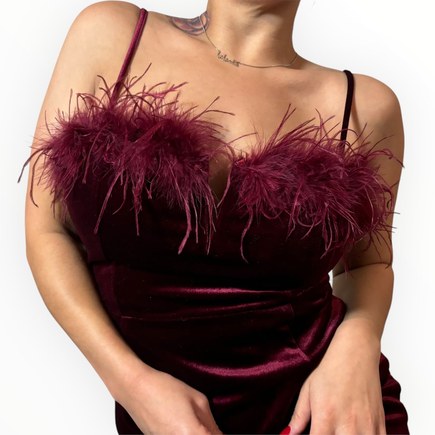 Velvet Burgundy Feathered Mini Dress