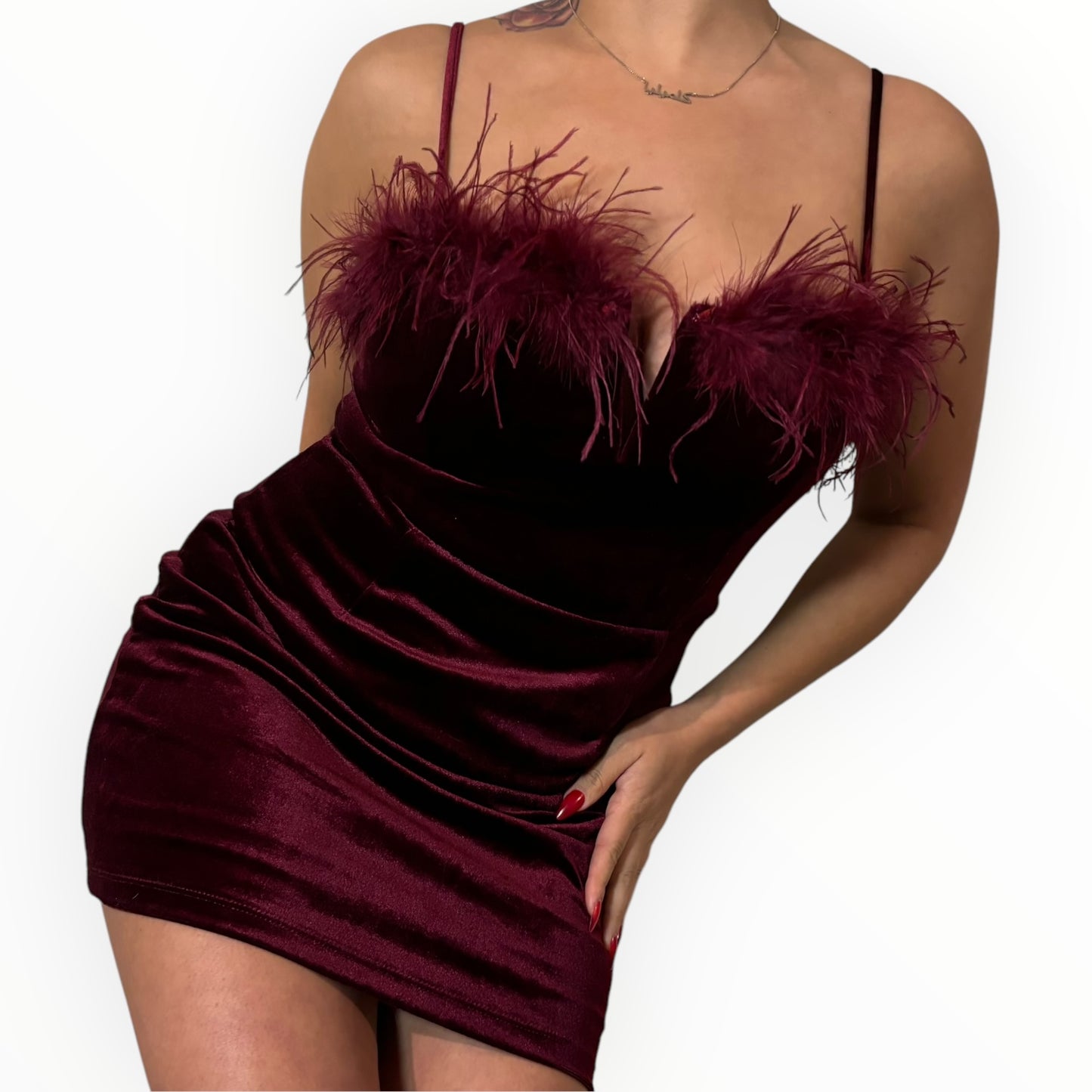 Velvet Burgundy Feathered Mini Dress