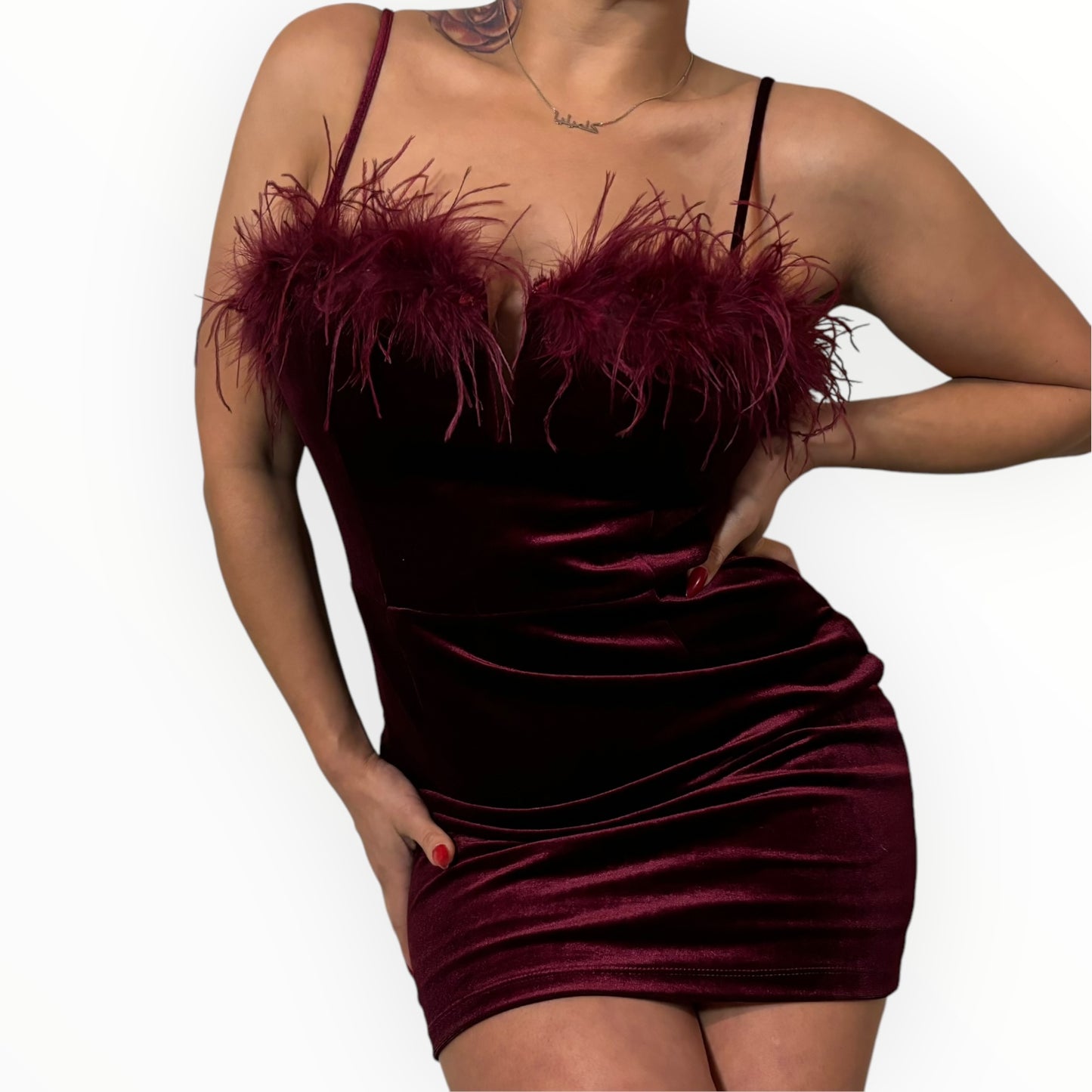 Velvet Burgundy Feathered Mini Dress